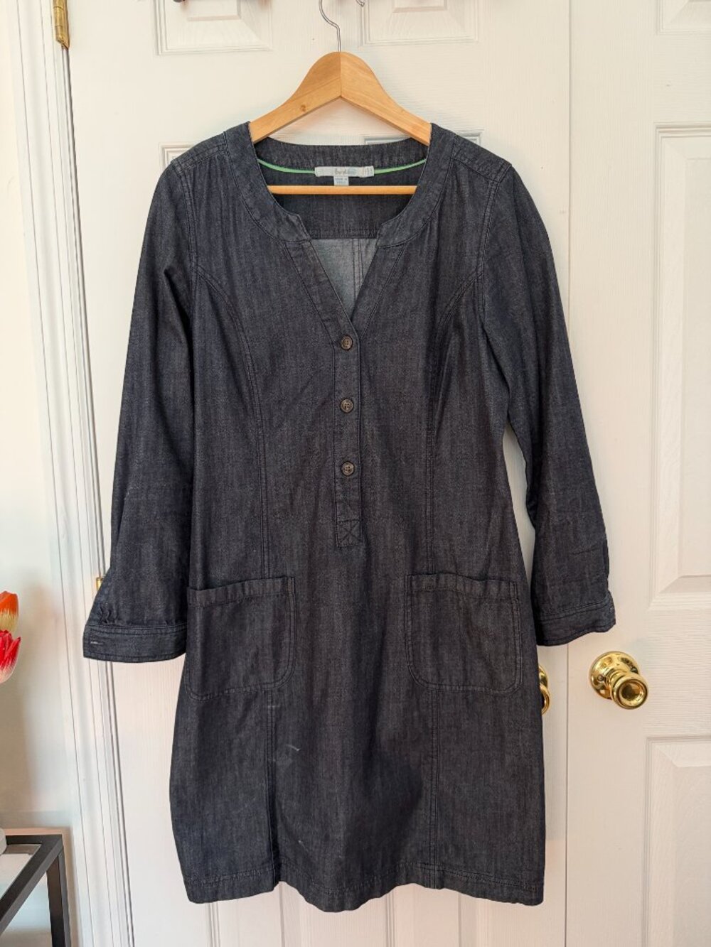 Boden Dark Wash Denim Shift Dress | Long Sleeve Button Placket | Size 8 - Picture 4 of 13